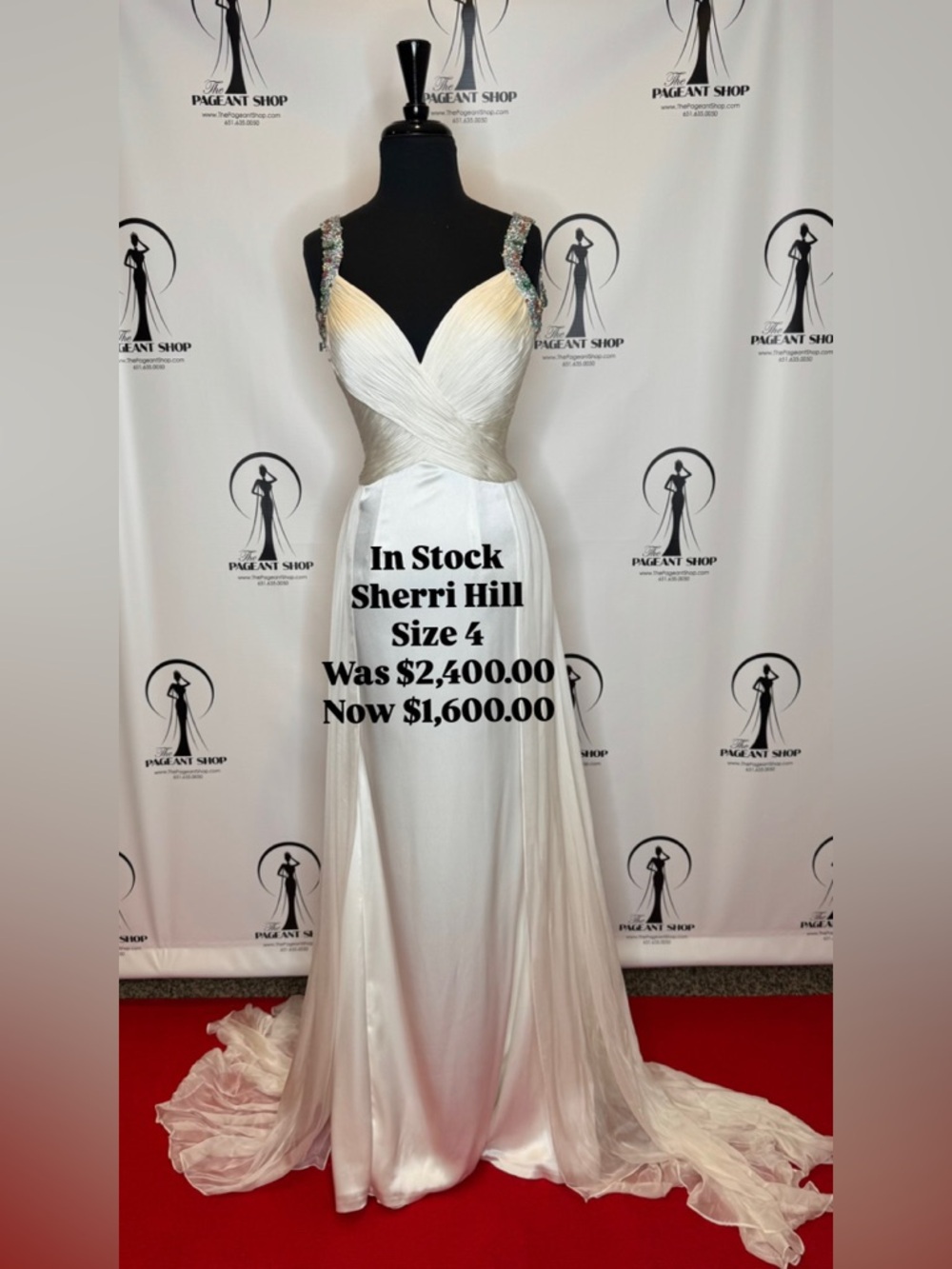 Sherri Hill White Satin Beaded-Strap Evening Gown